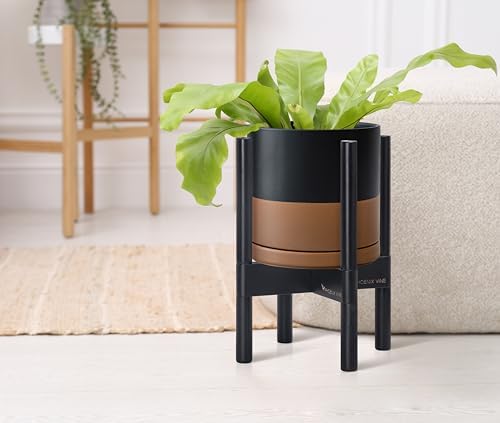 D'vine Dev Ceramic Pot with Ebony Wood Stand, Black/Tan, 8 in, 55-B-M-7 - Image 6