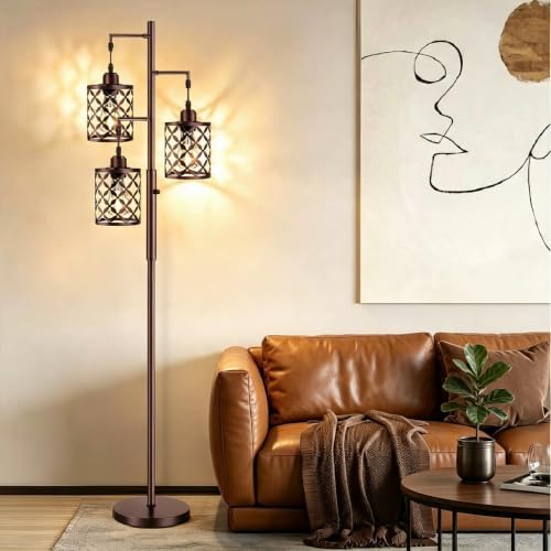 72" Industrial Tree Floor Lamp, Dimmable Farmhouse Tall Standing Lamp with Quatrefoil Cutout Shades & Rotary Dimmer Knob, Corner Light for Living Room Bedroom, 3 x800LM Bulbs Included-Brown - Image 6