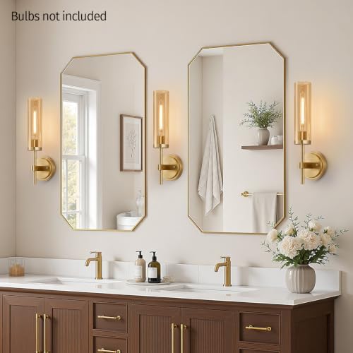 MOKATNG Hardwired Wall Sconces Set of Two, Brushed Gold Bathroom Sconces with Amber Glass, Modern Wall Light Fixtures for Bathroom Mirror Vanity, Living Room, Hallway, Stairway, Cabinet, Foyer - Image 5