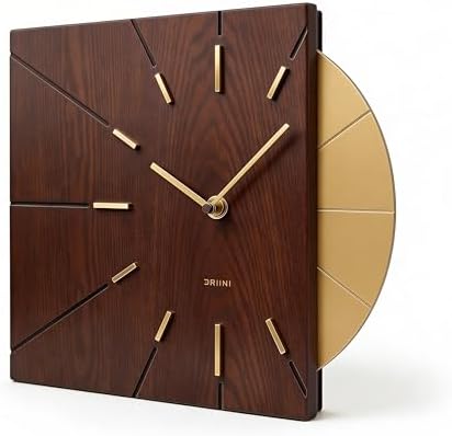 Driini Wood and Gold Mid Century Modern Wall Clock, Battery Operated by Driini