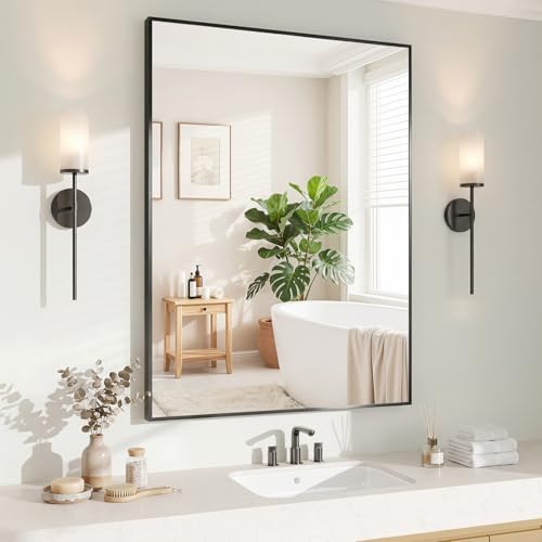Koonmi Black Rectangle Wall Mirror, 24x32 Inch Bathroom Mirror, Aluminum Frame Vanity Mirror for Entryway, Living Room, Bedroom Bathroom, Hangs Horizontally or Vertically by KOONMI