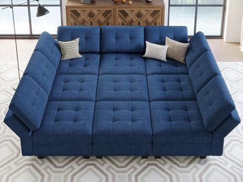 Belffin Modular Sectional Sleeper Sofa with Storage Oversized 9 Seat Modular Sofa Bed for Living Room Blue by Belffin