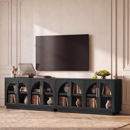 Fatmok 30.7" Tall Modern TV Stand with Arched Glass Doors,Grey Black Oak by Fatmok