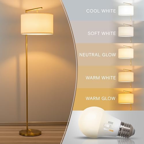 Brightech Montage Modern Floor Lamp - LED Standing Lamp with Tan Shade for Living Rooms & Offices - Bedroom Reading Light - Tall Corner Pole Lamp for Contemporary Home Decor - Antique Brass - Image 2