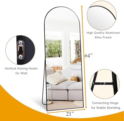 Dewfig Mirror Full Length, 64"X21" Arched Floor Mirror, Black - Image 3