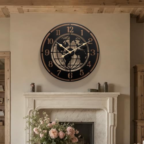 Large World Map Wall Clock,28" Wooden Minimalist Modern Clock by KEQAMHOMEDECOR