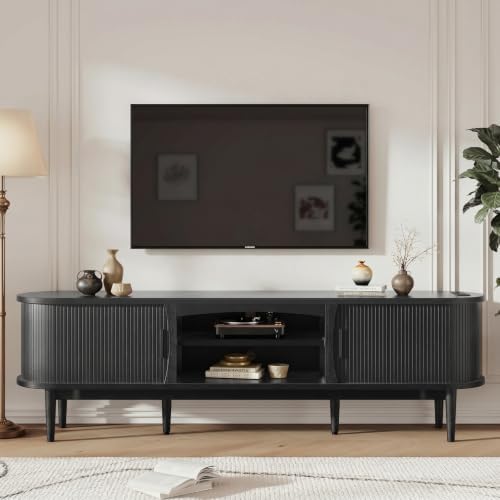 Decofy Mid Century TV Stand for TVs up to 90 Inches, Entertainment Center with Storage, Power Outlet, Fluted Sliding Doors & Adjustable Shelves, Modern Media TV Console Table for Living Room (Black) by Decofy