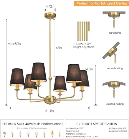 6-Light Brushed Gold Chandelier with Black Fabric Shades, Modern Brushed Brass Chandelier Light Fixture, E12 Base Hanging Pendant Light for Dining Room Living Room Bedroom Kitchen Island Foyer - Image 3