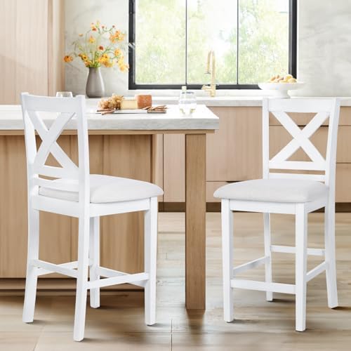 COLAMY Upholstered Counter Height Bar Stools Set of 2, Modern Kitchen Island Barstools Chairs with Cross Back and Wood Legs for Dining Room Bar, Grey White Wash by COLAMYHOME