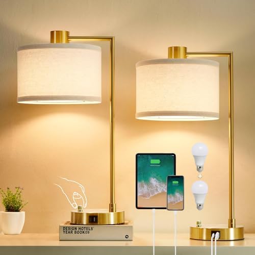 Gold Table Lamp Set of 2, Dimmable Bedside Lamps for Night Stands, USB A+C by Luvkczc