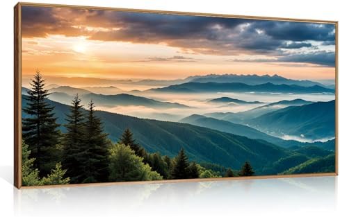 LHIUEM Large Nature Mountain Sunrise Framed Canvas Wall Art, Modern Misty Tree Wall Decor, Boho Forest Green Landscape Artwork, 20"x40"x1 by LHIUEM