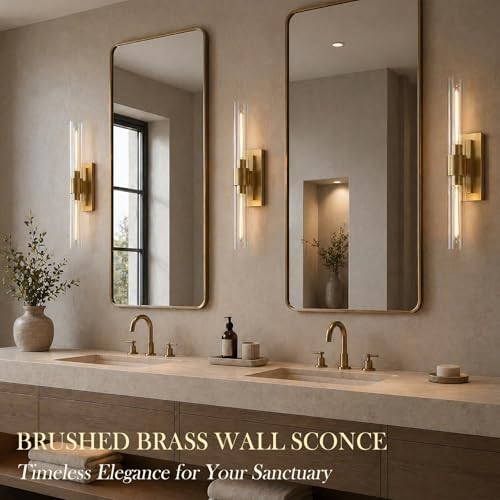 22.8" Brass Wall Sconces Set of 2, Modern Luxury 2-Light Bathroom Vanity Lights with Glass Tube Shade, Dimmable Hardwired Gold Wall Sconce for Bathroom Mirror, Living Room, Hallway (Bulbs Included) - Image 2