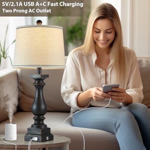28" Tall Farmhouse Table Lamps with USB C+A Ports and AC Outlet, 3 Way Touch Control Rustic Bedside Lamps for Bedroom, Black Vintage Nightstand Lamps for Living Room Office - Image 2