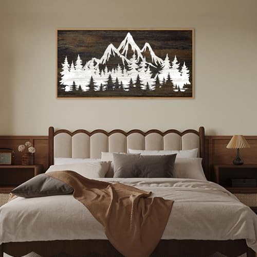 LHIUEM Large Mountain Tree Framed Canvas Wall Art,Modern White Forest Art Prints,Abstract Country Woodcut Wood Wall Decor,Farmhouse Zen Artwork for Living Room Bedroom Office-20''x40'' - Image 5