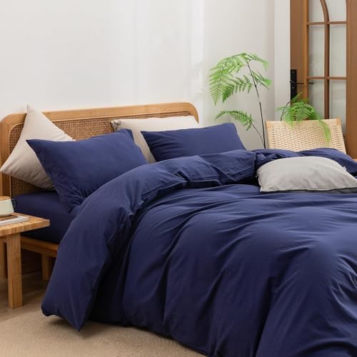 BESTOUCH Cotton Solid Duvet Cover Set Linen Feel Navy Blue Super King Plus - Image 2