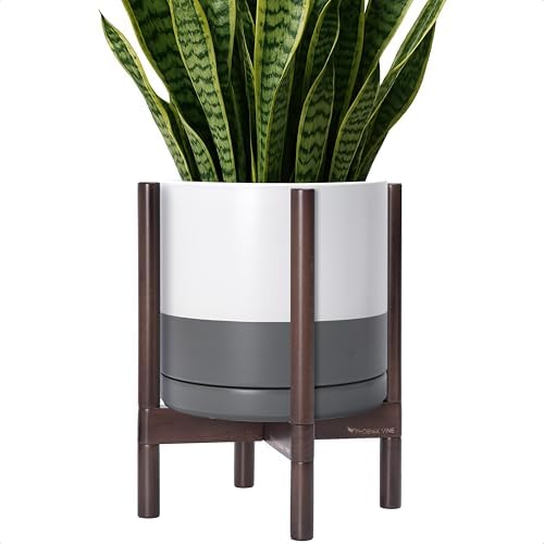 D'vine Dev Ceramic Pot with Walnut Wood Stand, White/Grey, 12 in, 55-B-W-6 by DvineDevPlanterPotsandStand