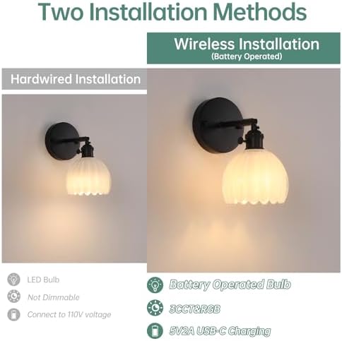 Shenmoyl Vintage Battery Operated Wall Sconce with White Tulip Glass Lampshade Rechargeable Battery Powered Black Wall Light with Remote Control for Bedside Bedroom Doorway - Image 3