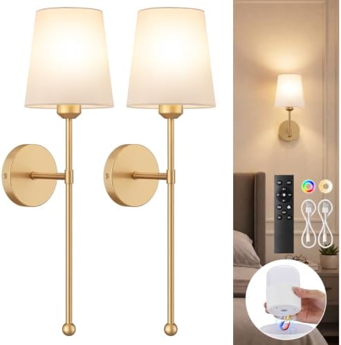 Battery Operated Wall Sconces, Gold, 2 Pack with Magnetic Bulbs,RF Remote by Percantis