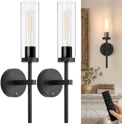 Shenmoyl Battery Operated Wall Sconces Set of 2, Black Rechargeable Wall Lighting Fixtures, Dimmable Wall Lights with Remote & Clear Glass Shade for Living Room, Bathroom,Bedroom by Shenmoyl