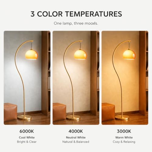 Vintage Gold Arc Floor Lamp with Orange Glass Shade - Image 5