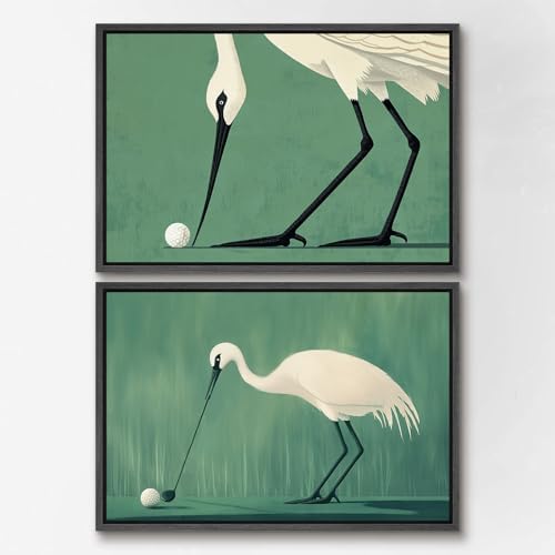 SIGNWIN Framed Canvas Print Wall Art Set Funny Crane Playing Golf Whimsical Bird Illustrations Modern Art Rustic Minimal for Living Room, Bedroom, Office - 16"" x24 x2 Black by SIGNWIN
