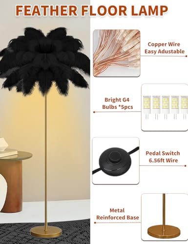 Feather Floor Lamp,Fluffy Ostrich Feather Floor Lamp for Bedroom,3 Color Temperatures Led Corner Modern Floor Lamps for Living Room Christmas Home Decor House Warming Gifts,63″ Height (Black) - Image 4