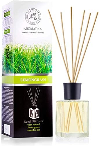 Lemongrass Reed Diffuser w/Natural Essential Lemongrass Oil 17 Fl Oz (500ml) - Intensive - Fresh and Long Lasting Fragrance - Scented Reed Diffuser - Diffuser Gift Set w/Bamboo Sticks by Aromatika