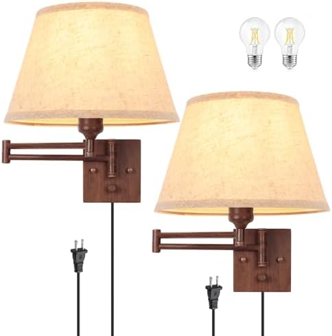 TRLIFE Dimmable Wall Sconce Plug in, Wall Sconces Set of Two Swing Arm Wall Lights with Plug in Cord and On/Off Dimmer Rotary Switch, 11.8" Large Beige Fabric Shade(2 Pack, Walnut Color) by TRLIFE