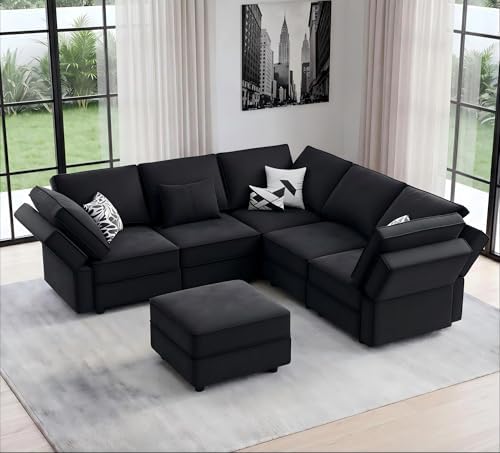 Vesgantti 92" 6 Seats L Shaped Modular Sectional Couch with Storage, Black by Vesgantti