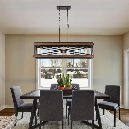 Rustic Farmhouse Wood Kitchen Island Lighting, 6 Lights Rectangular Pendant Light Fixture, Adjustable Chain Oak Wood and Metal Linear Chandelier for Dining Room Kitchen Island Farmhouse, Black - Image 7