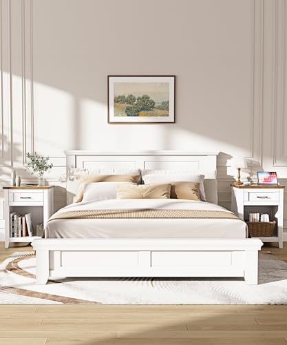 Decofy Farmhouse Nightstand with Charging Station, White & Walnut - Image 2