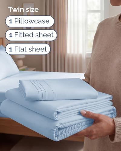 Twin Size 3 Piece Sheet Set - Comfy Breathable & Cooling Sheets - Sky Blue - Image 3
