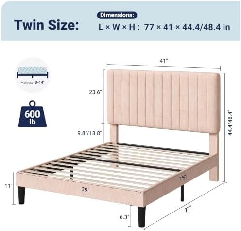 Allewie Twin Bed Frame, Upholstered Platform Bed with Adjustable Vertical Channel Tufted Headboard, Mattress Foundation with Strong Wooden Slats, Box Spring Optional, Easy Assembly, Chenille Pink - Image 2