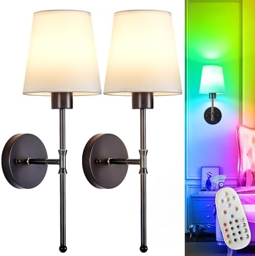 Depuley Battery Operated Wall Sconce: 19.9 Inch Set of 2 Wireless Wall Lights with Remote for Bedroom - Rechargeable 15 Colors Black Wall Lamp for Living Room Hallway Decor by Depuley
