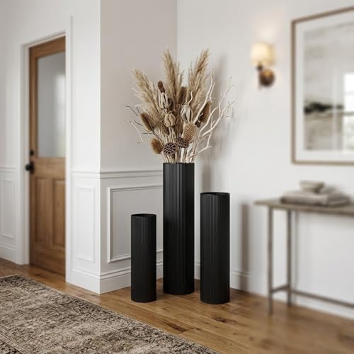 Black Tall Ribbed Floor Vase - Set of 3 Metal Large Decorative Vases - Image 2