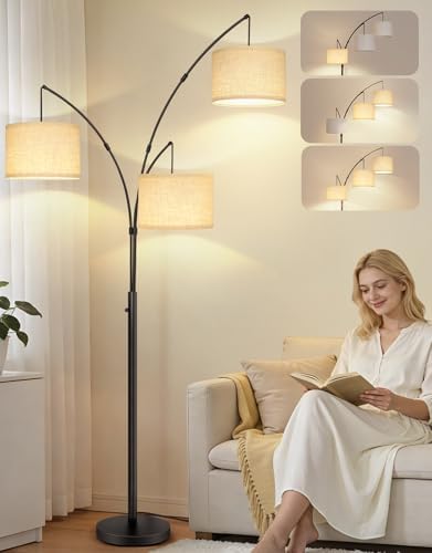 OUTON Arc Led Floor Lamp, Modern 3 Light Arched Tall Floor Lamps for Living Room, Mid Century Adjustable Standing Corner Lamps for Bedroom Office, 3 LED Bulbs Included, Beige Lampshade by OUTON