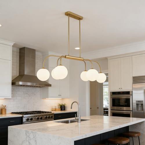 LamQee 41 Inch Mid Century Modern Linear Chandelier, 6 Lights Milk Glass Globe Chandeliers Light Fixture with Gold and White Ball, Large Pendant Lighting Ceiling Hanging for Dining Room Kitchen Island - Image 7