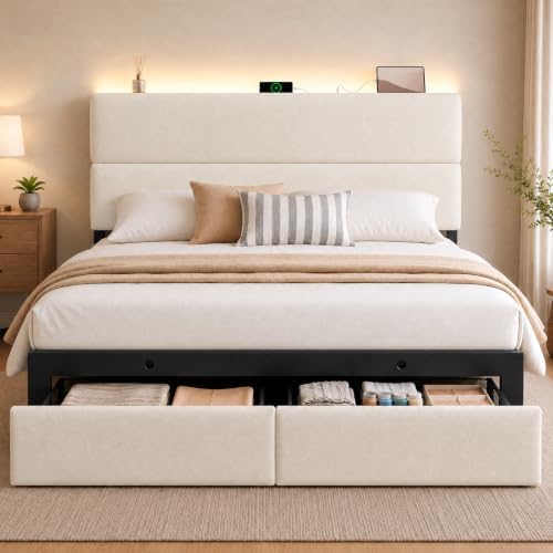 Queen Bed Frame with 2 Storage Drawers, Light Beige Velvet Upholstered by UHTNHome