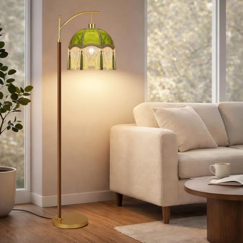 QIYIZM Vintage Floor Lamp for Living Room,Bedroom,Fringe Standing Lamp with Remote Dimmable,Green Mid Century Gold Arc Tall Lamp Boho Retro Wood Tassel Flower Unique Lamp Tiffany Victorian Decor - Image 3