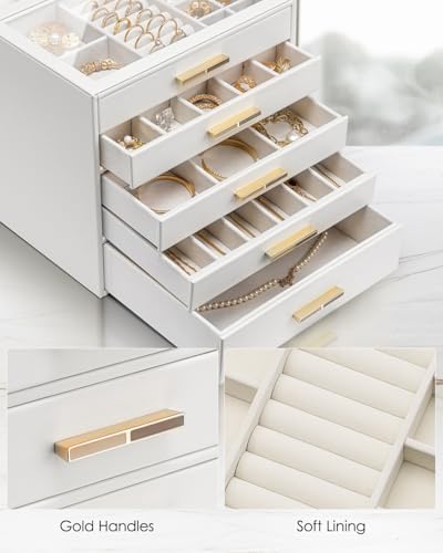 VLANDO 5 Layer Jewelry Box for Women, Glass Lid Jewelry Organizer with 5 Drawers for Necklaces Rings Earrings Bracelets - White - Image 6
