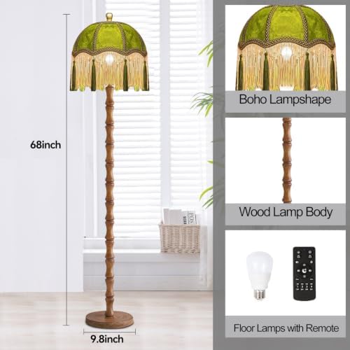 ILLMTW Vintage Floor Lamp for Living Room,Bedroom,Dimmable Standing Lamp with Remote,Green Mid Century Gold Tall Lamp Boho Retro Floor Light Wood Fringe Tassel Flower Unique Tiffany Victorian Decor - Image 4