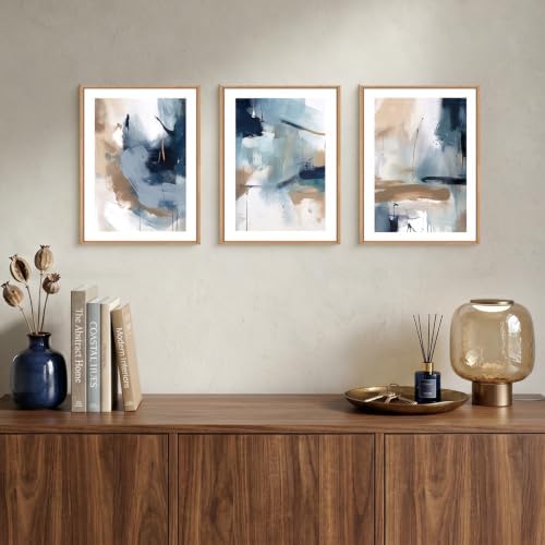 LHIUEM Abstract Navy Blue Framed Canvas Wall Art,Neutral Brush Stroke Wall Decor,Modern Pastel Brown Wall Painting,Minimalist Shapes Artwork for Living Room,Bedroom,Office- 12''x16''x3 - Image 5