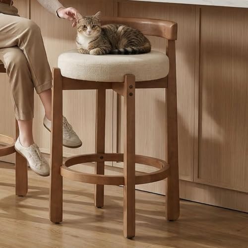 LukeAlon Mid Century Linen Single Counter Stool, Upholstered 26.5" Seat Height Low Barstools with Natural Wood Legs Round Low Back Kitchen Stool with Footrest for Dining Room, Beige by LukeAlon
