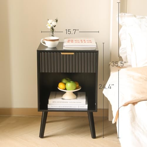 Fultyle Black Fluted Nightstand, Modern Bedside Table with Drawer and Shelf - Image 4
