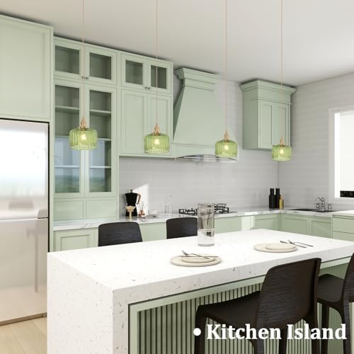 Shenmoyl Pendant Light 2 Pack with Green Striped Glass Lmapshade, Brass Vintage Pendant Light Adjustable Hanging Light for Kitchen Island Dining Room Hallway - Image 2