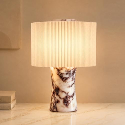 WMK Marble Lamp Cordless, Rechargeable Marble Touch Lamp with 3 Color, Pleated Fabric Lampshade Stepless Dimming, Luxury Natural Calacatta Viola Stone Table Lamp for Bedroom, Living Room (Dual Light) by WMK