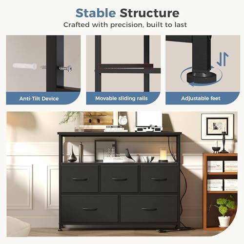 DUMOS TV Stand with 5 Fabric Storage Drawers, Media Console with Open Shelf & Charging Station, Compact Fabric Storage Entertainment Cabinet for Bedroom Living Room, Black - Image 6