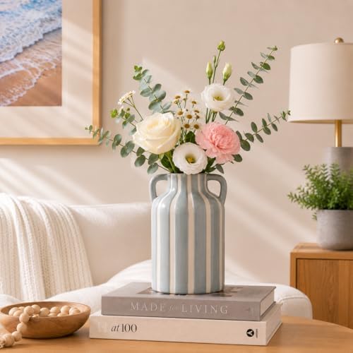 SURE YUESI Grey Ceramic Vase with Handles, Modern Farmhouse Striped Decorative Vase, 9.1" Art Deco Tall Flower Vases for Pampas Grass, Shelf Decor, Dining Table Centerpiece, Living Room Home Decor - Image 3