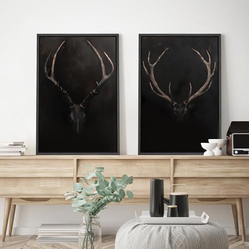 SIGNWIN Framed Canvas Print Wall Art Rustic Antler Skull Dark Dramatic Black Vintage-Inspired Deer and Elk Antlers Illustrations Decorative for Living Room, Bedroom, Office - 24"" x36 x2 Black - Image 2