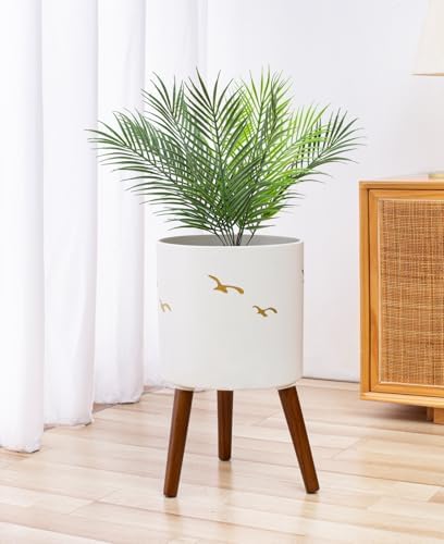 12 Inch Planter,Plant Pot with Stand for Indoor Plants,Large Modern Plant Pots with a Dove Pattern Indoor Outdoor with Drainage for Home Garden Patio,White and Gold - Image 6